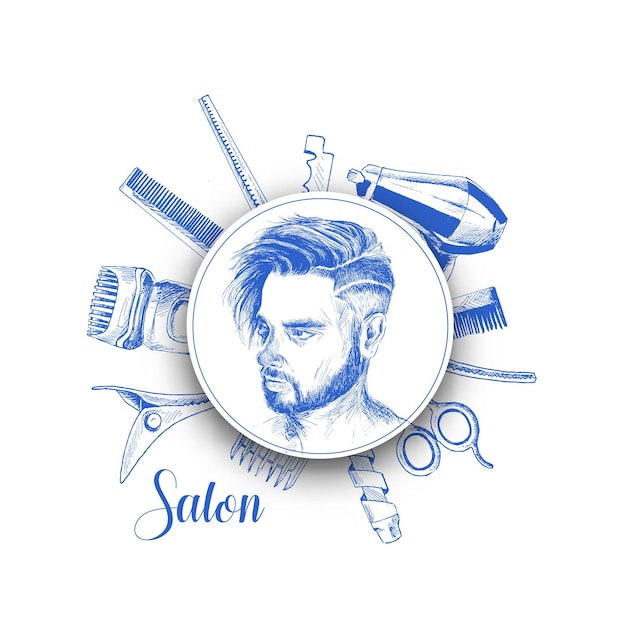 Vecteur gratuit outils de coiffeur professionnel avec homme hipster illustration vectorielle de croquis dessinés à la main