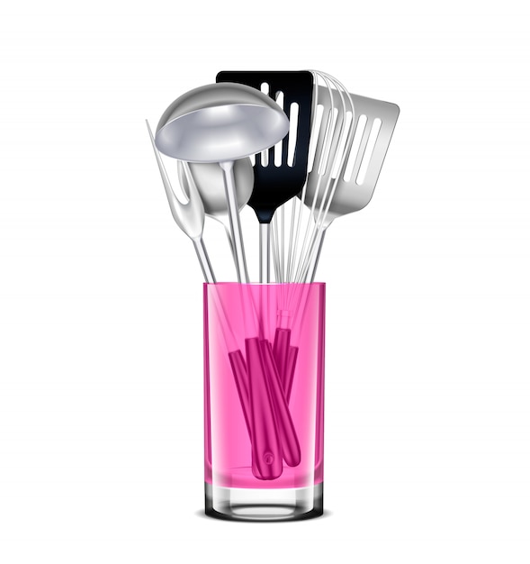 Vecteur gratuit outils de cuisine en acier inoxydable dans un pot transparent rose réaliste avec une louche fouet spatule fendue