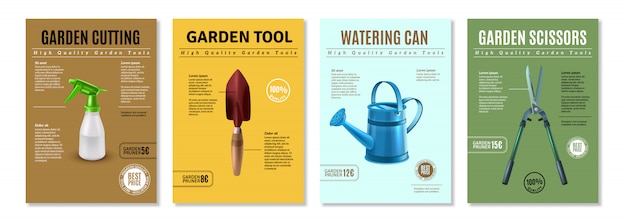 Vecteur gratuit outils de jardin accessoires présentation bannières affiches publicitaires réalistes sertis de sécateurs équipement d'arrosage