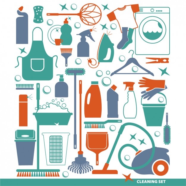 Vecteur gratuit outils de nettoyage plats fixés