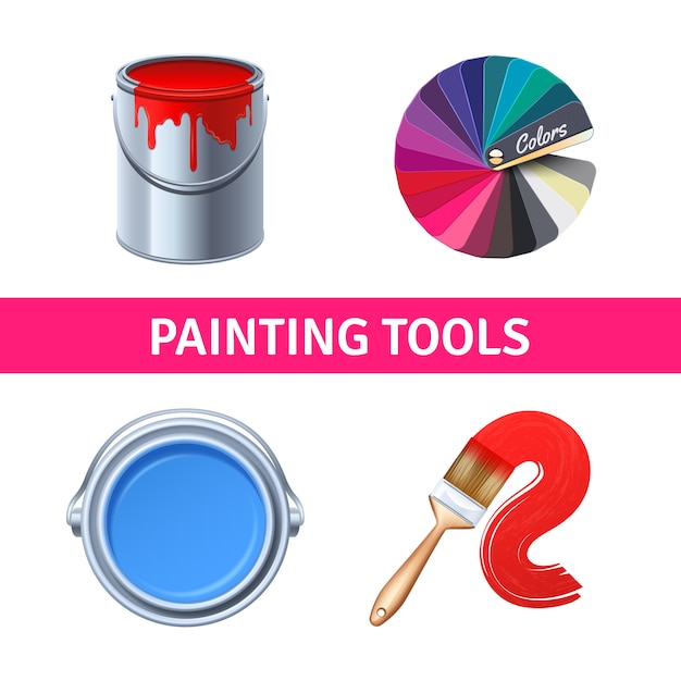 Vecteur gratuit outils de peinture ensemble réaliste avec gamme de couleurs pinceau et peut