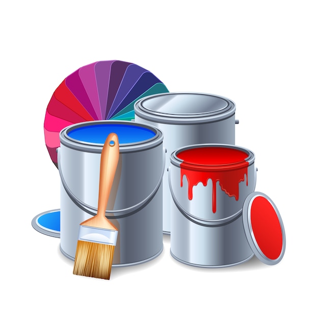 Vecteur gratuit outils de peinture et équipement composition réaliste avec des pots de peinture