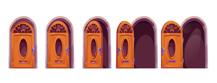 Vecteur gratuit ouverture et fermeture de la porte d'entrée animation vectorielle de la porte de la pièce ensemble d'icônes de séquence isolée sortie de fermeture en bois comme opportunité de s'échapper du bâtiment collection d'images d'arche de verrouillage du couloir