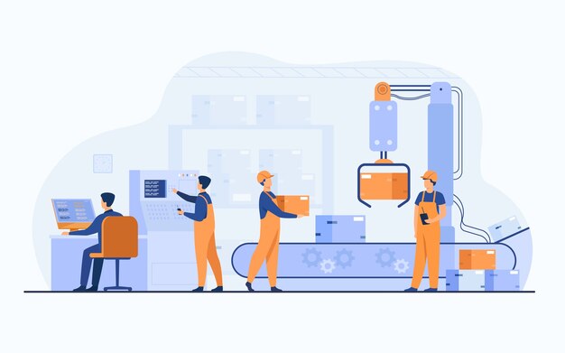 Ouvriers d'usine et bras robotique retirant les colis de la ligne de convoyage. Ingénieur utilisant l'ordinateur et le processus d'exploitation. Illustration vectorielle pour les entreprises, la production, les concepts de technologie de la machine