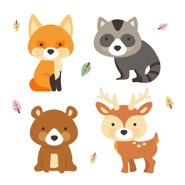 Vecteur gratuit pack d'animaux de forêt dessinés à la main