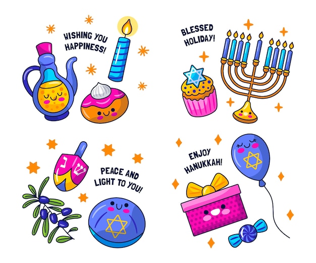 Vecteur gratuit pack d'autocollants kawaii hanukkah