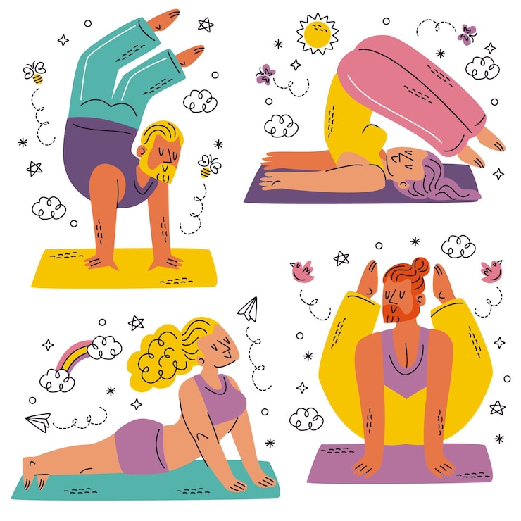 Vecteur gratuit pack d'autocollants de yoga dessinés à la main doodle
