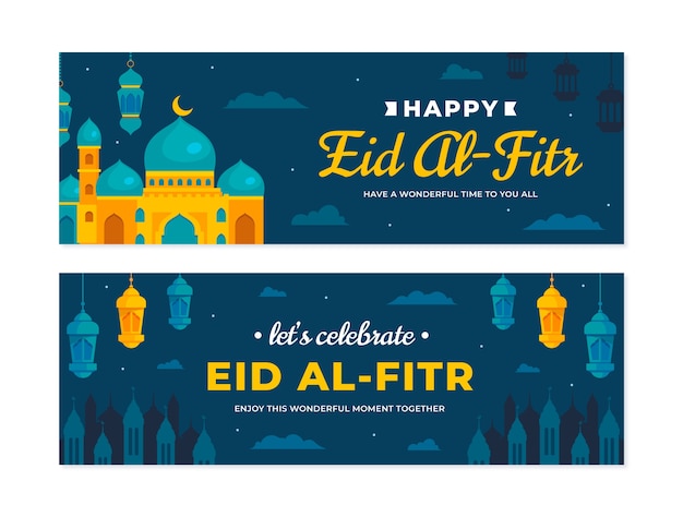 Vecteur gratuit pack de bannières horizontales plates eid al-fitr