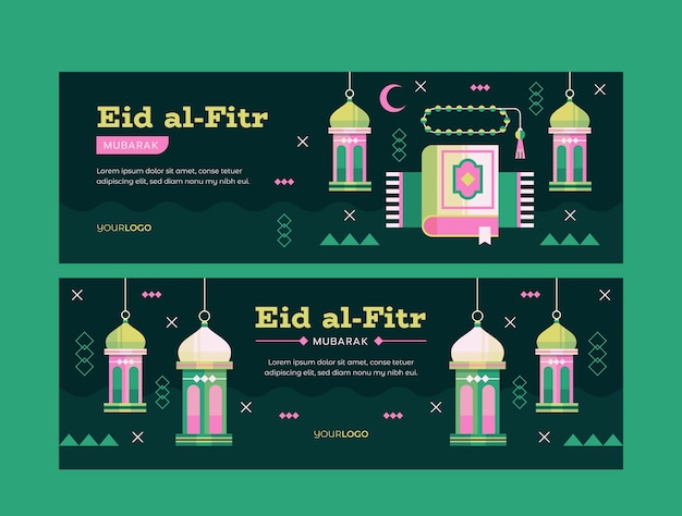 Vecteur gratuit pack de bannières horizontales plates eid al-fitr