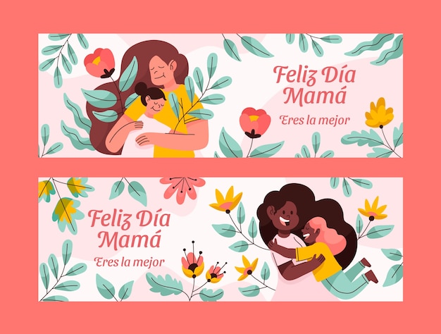 Vecteur gratuit pack de bannières horizontales plates pour la fête des mères en espagnol