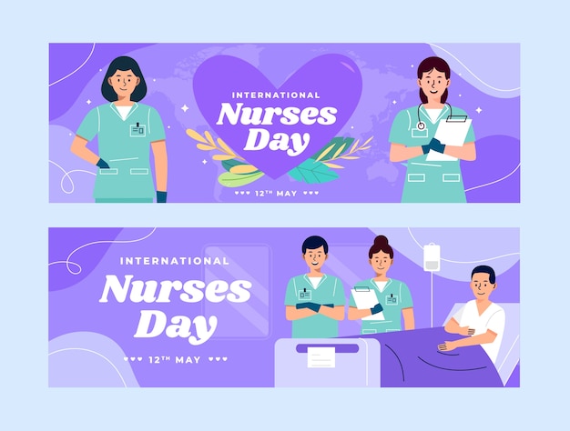 Vecteur gratuit pack de bannières horizontales plates pour la journée internationale des infirmières