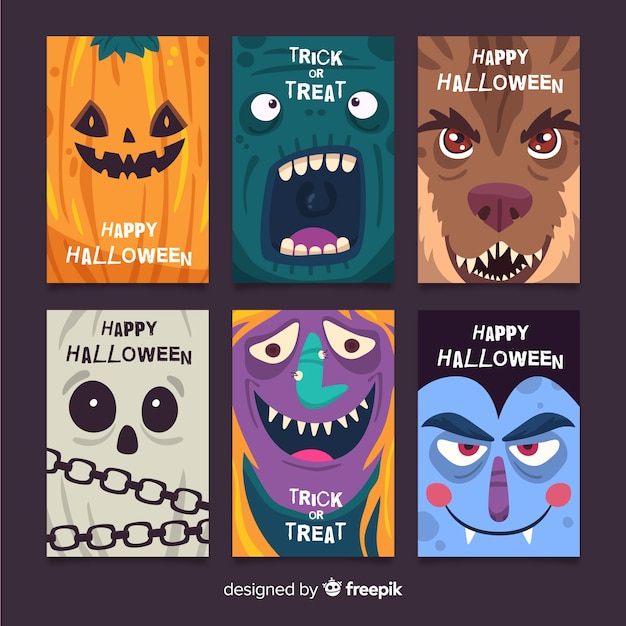 Vecteur gratuit pack de cartes halloween plates