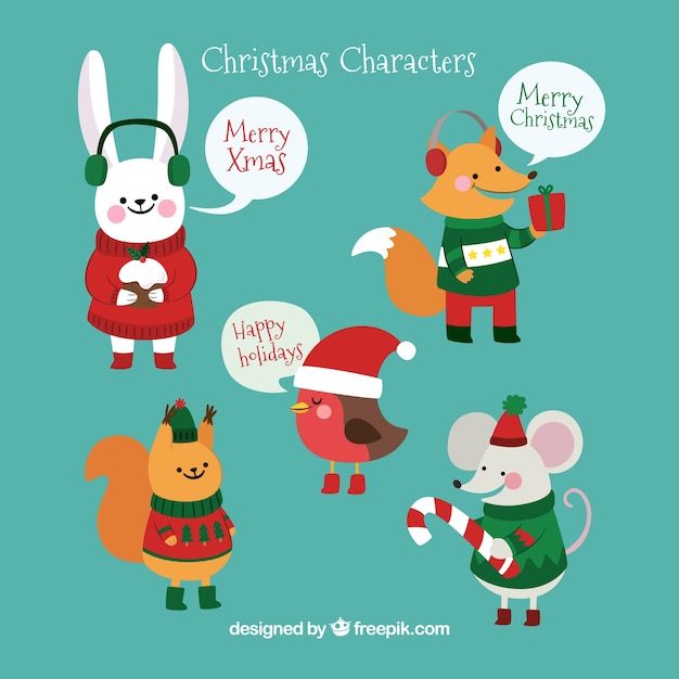 Vecteur gratuit pack de cinq personnages de noël dessinés à la main