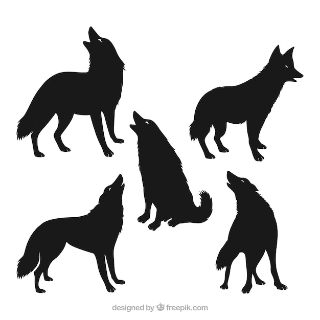 Vecteur gratuit pack de cinq silhouettes de loup