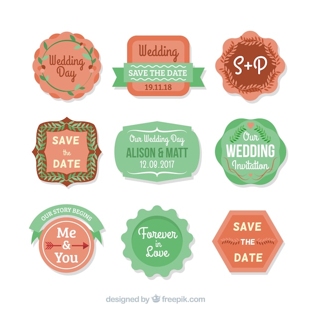 Pack coloré de badges de mariage plats
