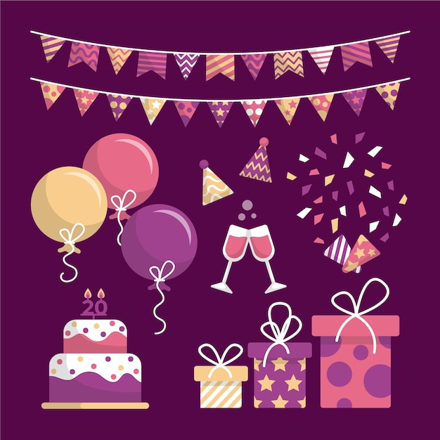 Vecteur gratuit pack de décoration d'anniversaire