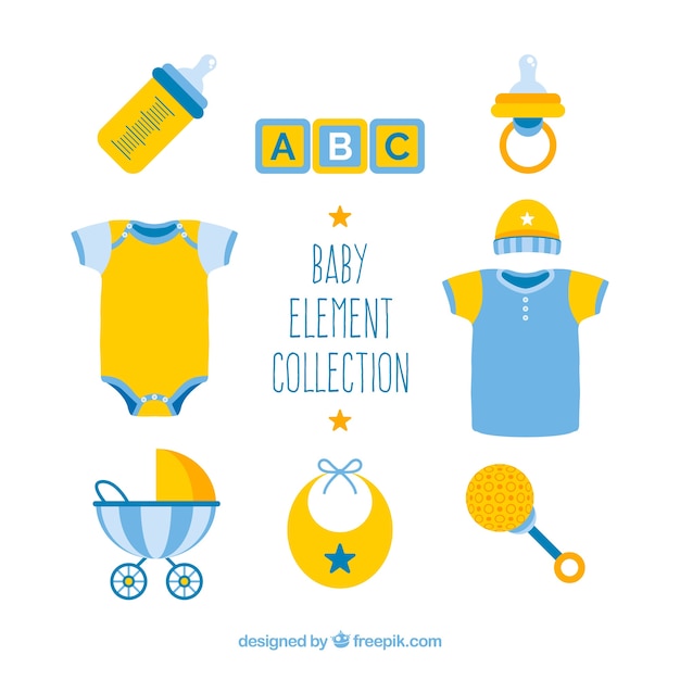 Vecteur gratuit pack d'éléments de bébé bleu et jaune
