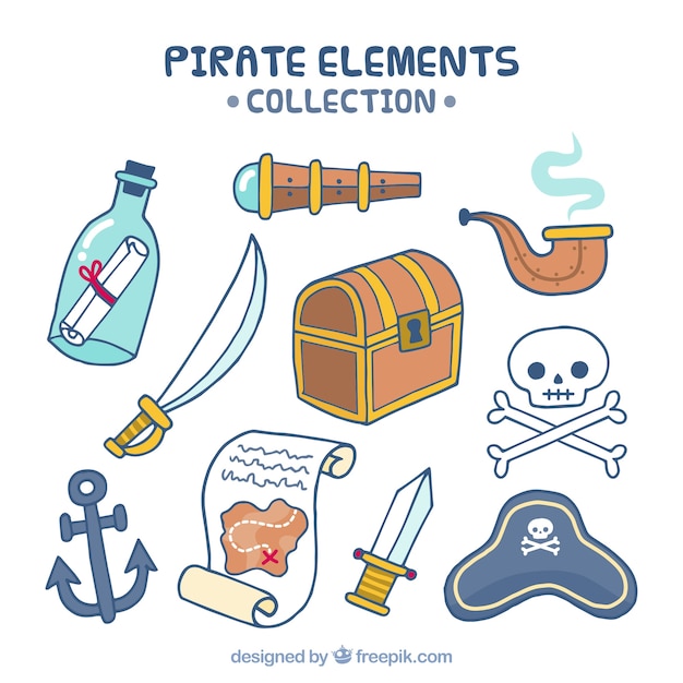 Vecteur gratuit pack d'éléments pirates dessinés à la main