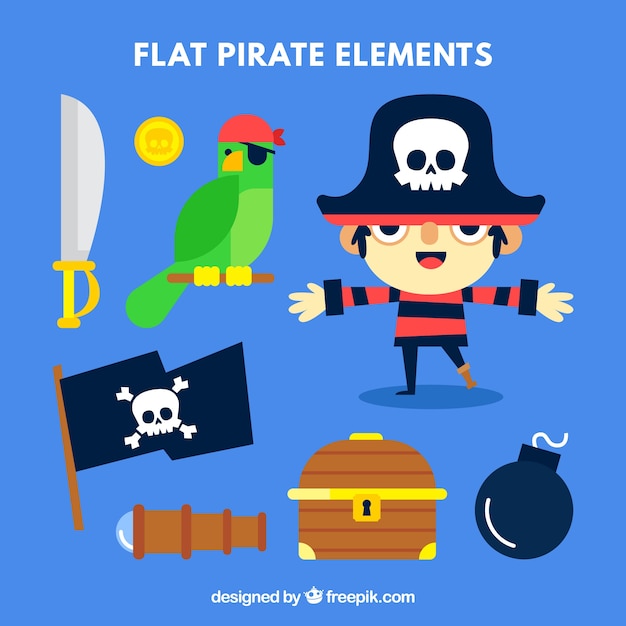 Vecteur gratuit pack d'un enfant pirate avec des perroquets et d'autres éléments