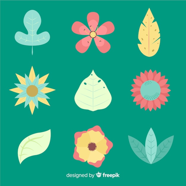 Vecteur gratuit pack de fleurs et feuilles plates