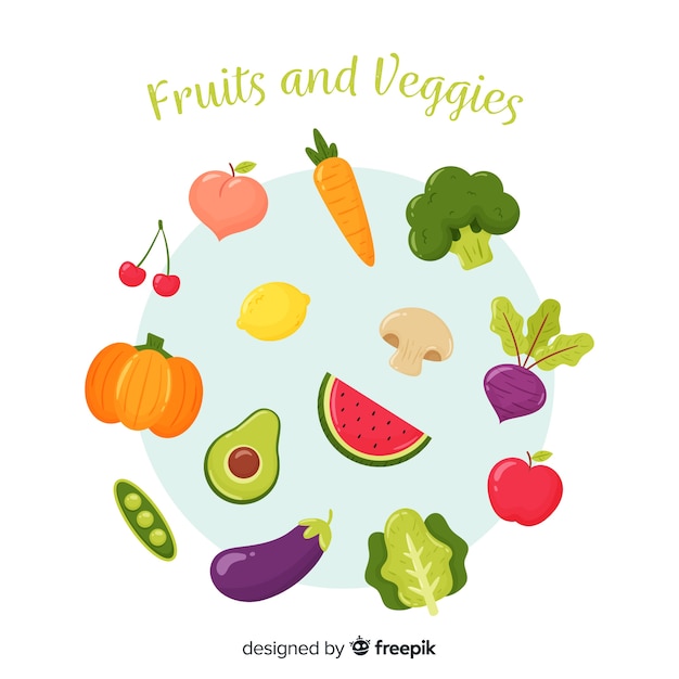 Vecteur gratuit pack de fruits et légumes colorés dessinés à la main