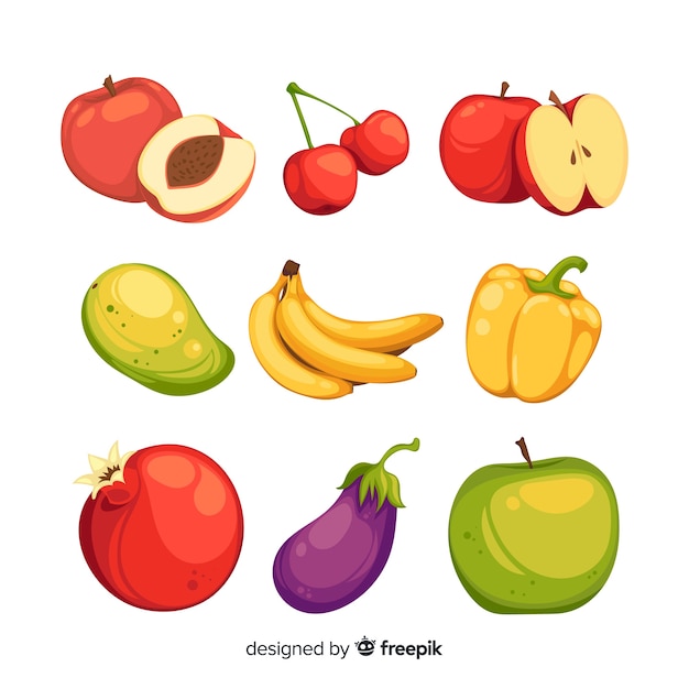 Vecteur gratuit pack de fruits et légumes colorés dessinés à la main