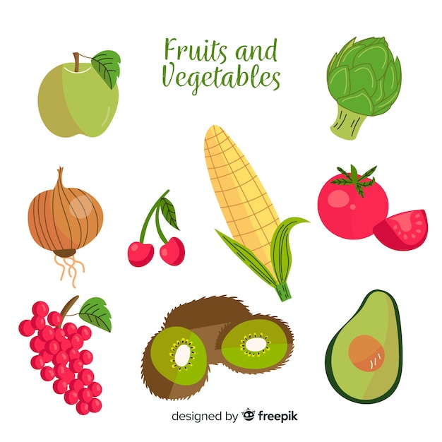 Vecteur gratuit pack de fruits et légumes colorés dessinés à la main