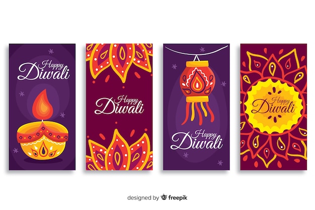 Vecteur gratuit pack d'histoires de diwali instagram