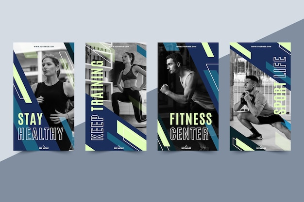 Vecteur gratuit pack d'histoires de fitness plat