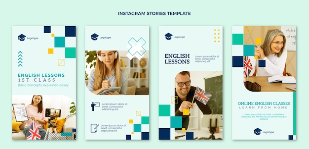 Pack D'histoires Instagram De Leçons D'anglais Au Design Plat