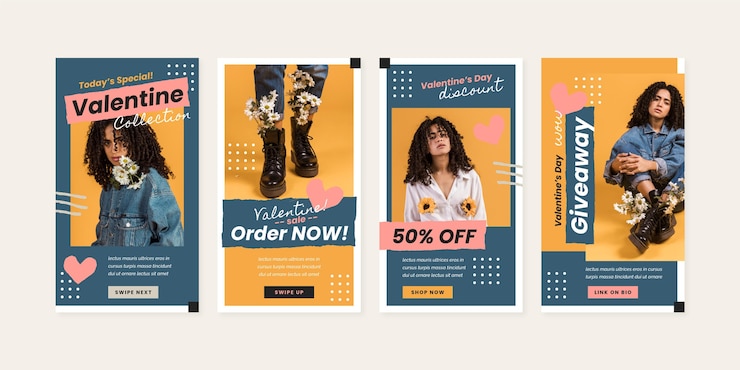 Vecteur gratuit pack d'histoires de vente moderne de la saint-valentin