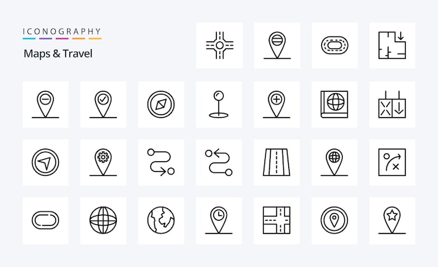Pack d'icônes de 25 cartes Travel Line Illustration d'icônes vectorielles