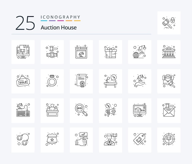 Vecteur gratuit pack d'icônes de 25 lignes d'enchères, y compris la loi sur les cadeaux web d'enveloppe de juge