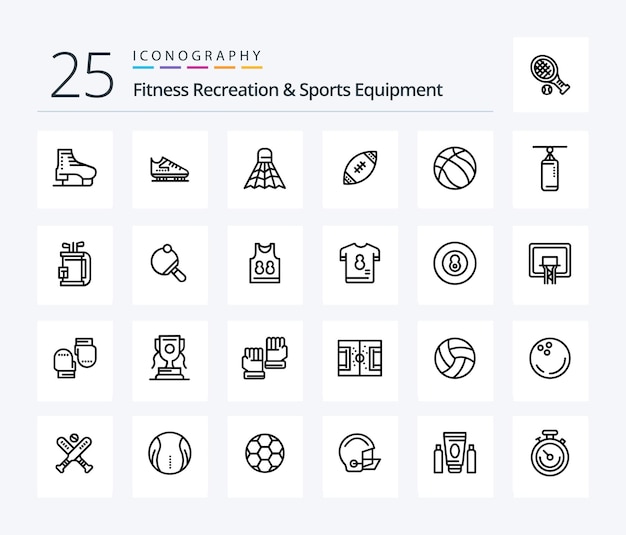 Pack d'icônes de 25 lignes d'équipement de loisirs et de sport de remise en forme, y compris le ballon de jeu de basket-ball de sport nfl