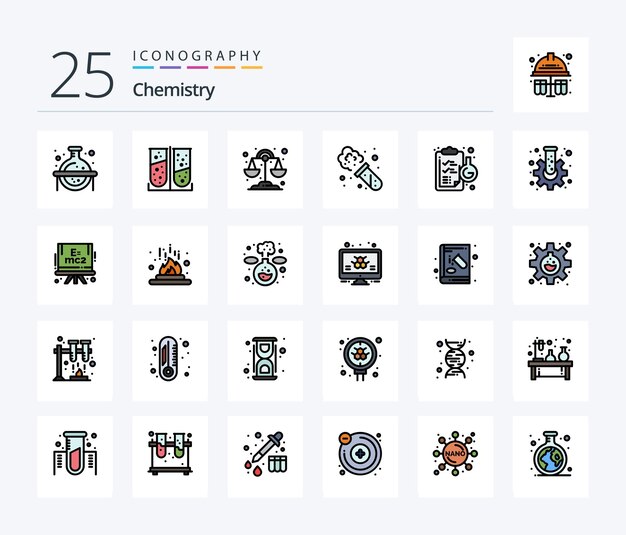 Pack D'icônes Chemistry 25 Line Filled Comprenant Une Expérience De Presse-papiers De Chimie Chimique De Laboratoire