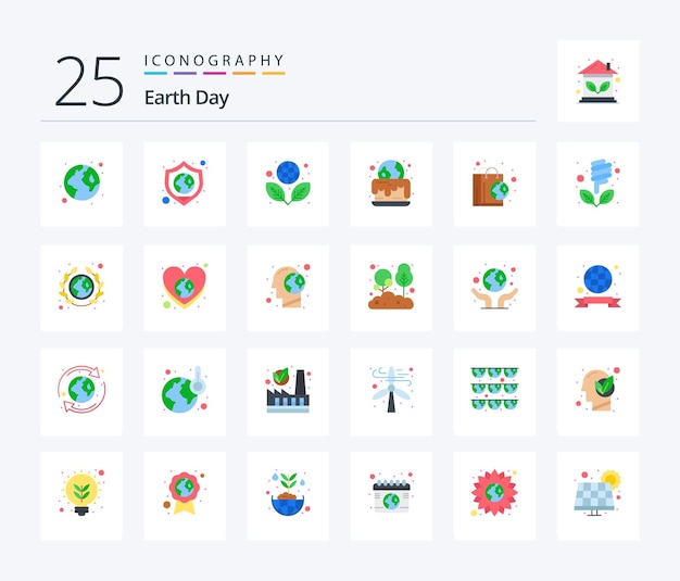 Vecteur gratuit pack d'icônes de couleur plate du jour de la terre 25, y compris le gâteau de la terre de la terre du sac de la nature