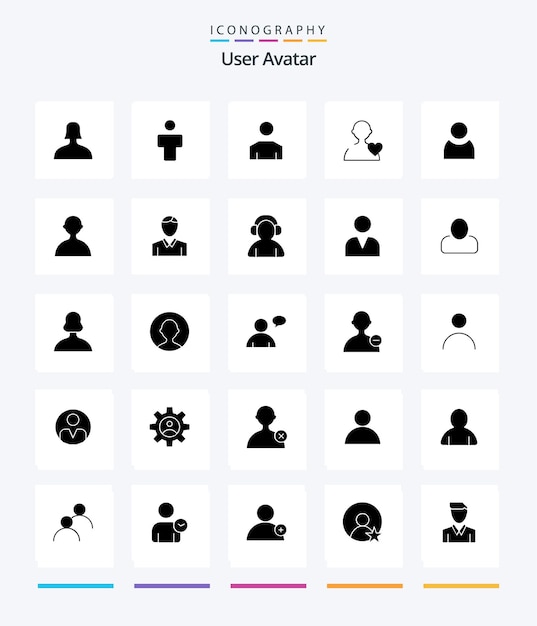 Pack d'icônes Creative User 25 Glyph Solid Black Tels que l'homme avatar aime la base humaine