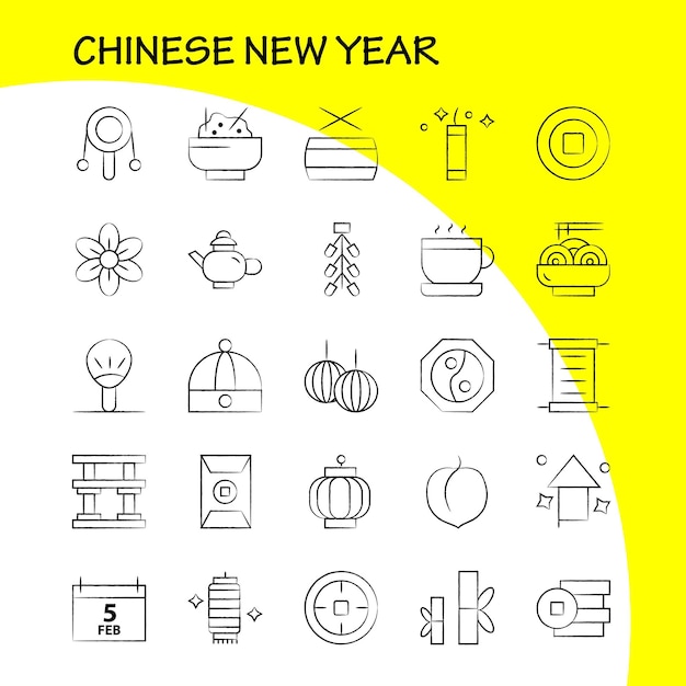 Vecteur gratuit pack d'icônes dessinées à la main du nouvel an chinois pour les concepteurs et les développeurs