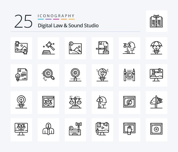 Vecteur gratuit pack d'icônes digital law and sound studio 25 line comprenant le droit d'auteur du fichier numérique protégé par le droit d'auteur