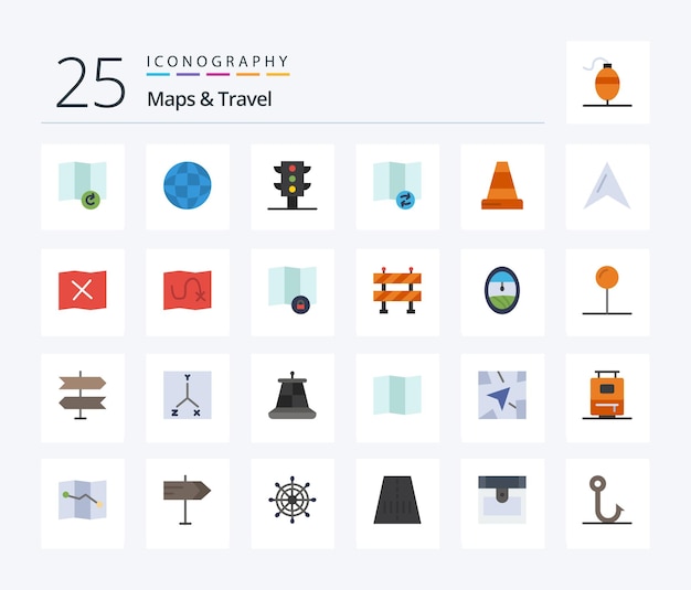 Vecteur gratuit pack d'icônes maps travel 25 flat color, y compris le trafic cartographique de synchronisation du pointeur de carte