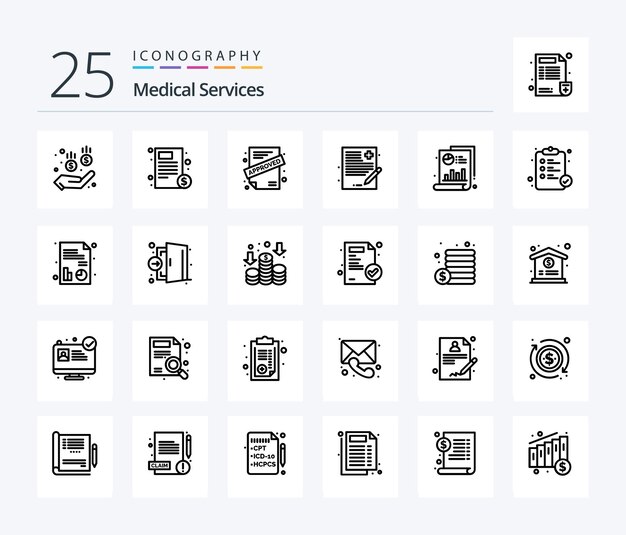 Pack d'icônes Medical Services 25 Line, y compris le fichier d'historique des applications médicales