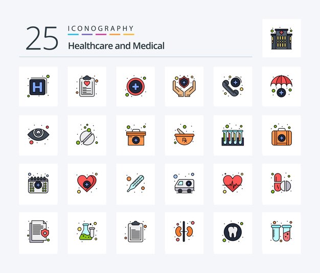 Pack d'icônes médicales remplies de 25 lignes, y compris la protection des appels de soins de santé d'urgence