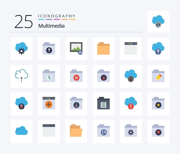 Vecteur gratuit pack d'icônes multimedia 25 flat color, y compris l'application de fenêtre de rechargement dans le cloud
