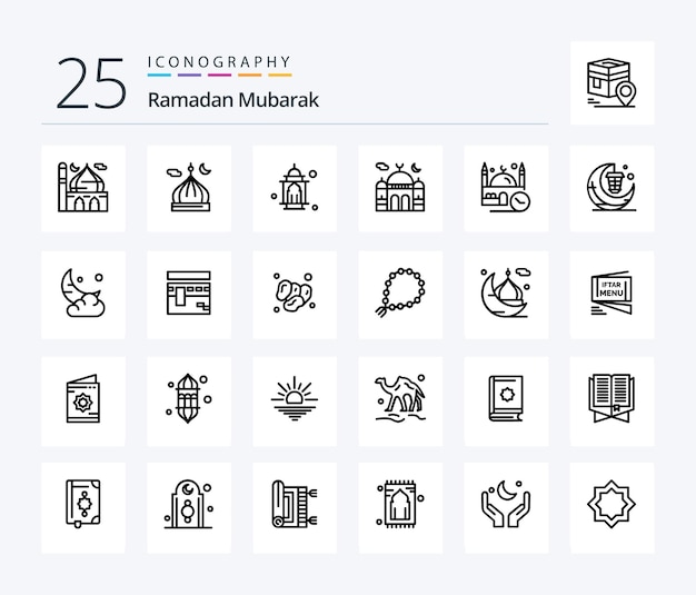 Pack d'icônes Ramadan 25 Line comprenant la lune du ramadan prier la lampe à croissant