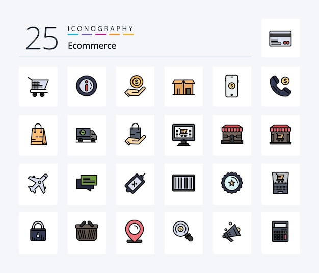 Pack d'icônes remplies de 25 lignes de commerce électronique, y compris le marché des achats de commerce électronique