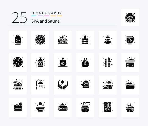 Vecteur gratuit pack d'icônes sauna 25 solid glyph comprenant une balle de pierre de sauna nature lotus