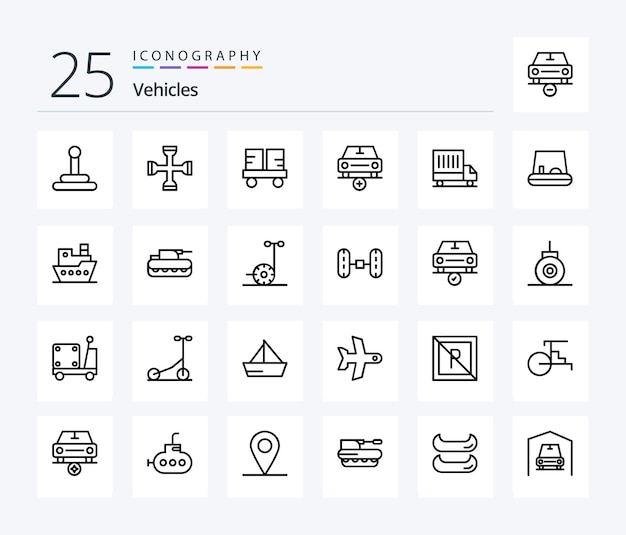 Vecteur gratuit pack d'icônes vehicles 25 line, y compris la livraison et le chariot élévateur plus ajouter
