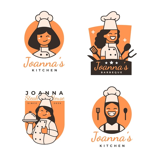 Vecteur gratuit pack de logo de chef féminin plat linéaire