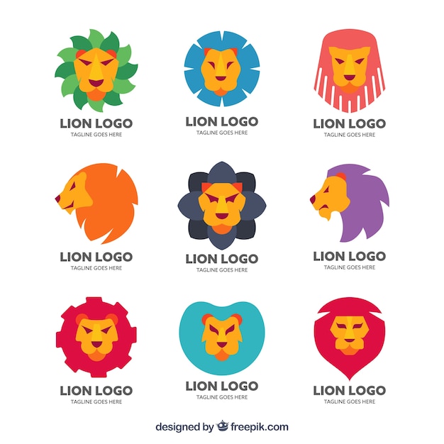 Vecteur gratuit pack moderne de logos de lion avec un style amusant