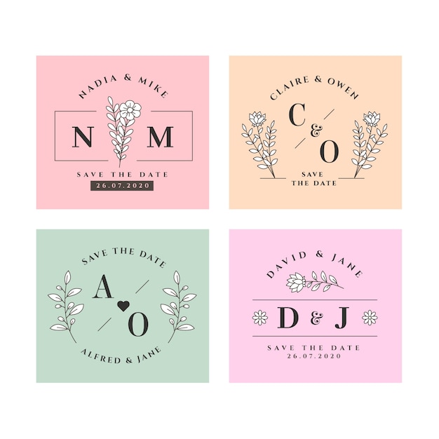 Vecteur gratuit pack de monogrammes de mariage colorés